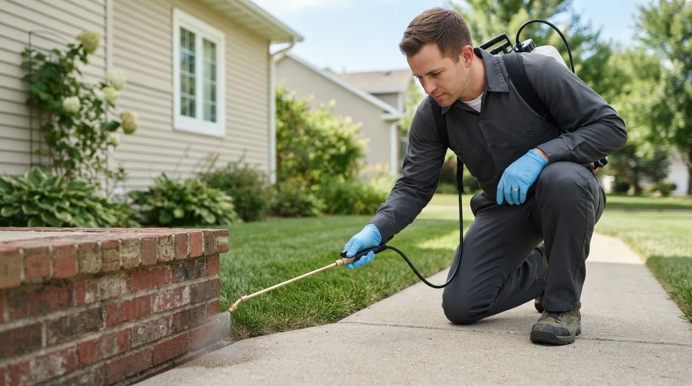Pest control technician treating a home near Freeman, SD